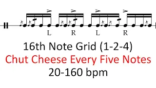 Chut cheese every five notes (1-2-4 accents) | 20-160 bpm play-along 16th note grid drum sheet music