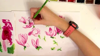 How to draw magnolia, aquarelle (как рисовать магнолию акварелью) / speed drawing
