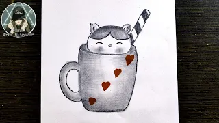Pencil Drawing Easy Ideas, Cute Cat and Mug Drawing | Cute cat in Mug Easy Drawing Step By Step