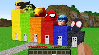 What INSIDE LONGEST HOUSES SUPERHEROES! SPIDER MAN! HULK! WOLVERINE! IRON MAN! CAP in Minecraft