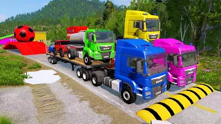 Double Flatbed Trailer Truck vs Speedbumps Train vs Cars | Tractor  Beamng.Drive 27