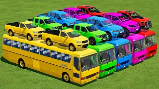 TRANSPORTING DACIA, NISSAN, FORD & TOYOTA PICKUP CARS WITH BUSES - Farming Simulator 22