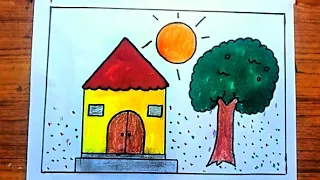 How to draw a House and three For kids|Drawing for kids||Scenery Drawing for kids|Kids house drawing