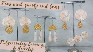 Faux Pink quartz and Brass earrings - How to make polymerclay earrings for beginners | Easy clay