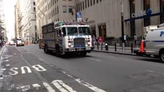 NYPD EMERGENCY SERVICES SQUAD TRUCK 1, "NYPD ESU", CRUISING DOWN BROADWAY IN MANHATTAN, NEW YORK.