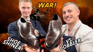 Shoe Shiner vs Cobbler Mirror Shine contest! How to mirror polish shoes