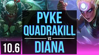 PYKE vs DIANA (MID) | Quadrakill, 1100+ games, KDA 18/2/1, Legendary | NA Challenger | v10.6