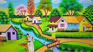 Beautiful Village Landscape Scenery Painting |Indian Village Scenery Painting With Acrylic Color.