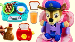 Paw Patrol Baby Chase Huge Road Trip Breakfast Meal Time with Toy Kitchen Stove & Toaster Playset!