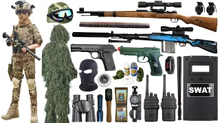 Unboxing special police weapon toy set, 98K sniper rifle, bulletproof vest, Glock pistol, bomb