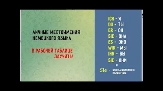 Личные  немецкие местоимения   ich du er sie es wir ihr sie   в рабочей таблице