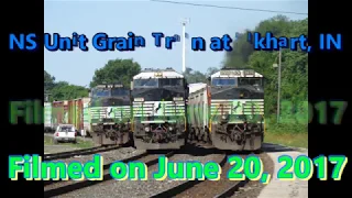 NS Unit Grain Train passes two others at Elkhart, IN