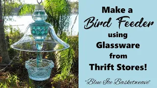 How to Make a DIY Upcycled Glass BIRD FEEDER "Blue Ice Basketweave" #birdfeeder #upcycling