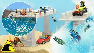 Tsunami Dam Breach Double Lego Bridge Experiment - LEGO Police Bust - Wave Machine Destruction