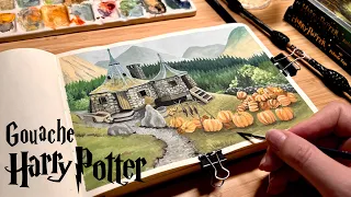 Harry Potter Hagrid' House Gouache Landscape Painting/  Paint With Me 🦉