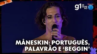 Vocalista do Måneskin fala português e xinga antes de começar hit no Rock in Rio | g1