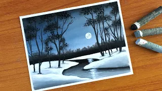 Oil Pastel Winter Landscape Painting for beginners | Oil Pastel Drawing Black & White Winter Night