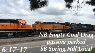 NB Empty Coal Drag passing parked SB Spring Hill Local on Fort Scott Sub in Lenexa, KS June 17, 2017