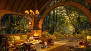 Cozy Summer Ambience for Reading with a Fireplace | Relaxing Jazz Scenery in Rainy Day 🍃