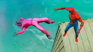 GTA 5 Water Ragdolls | SPIDERMAN VS SQUID GAME GUARD (GTA5 Euphoria Physics Funny moments)