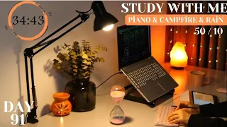 1-HOUR STUDY WITH ME | [ Calm Piano 🎹  Fire Crackling🪵Rain🌧]Pomodoro⏳50-10 | DAY 91