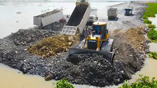 Incredible Operator  Bulldozer Push Stone, Dump Truck Transport Stone  Building Road on Huge Lake