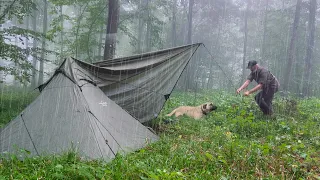 SOLO Camping In the RAIN || Meat Bread on Open Fire || Chops on Natural Stone