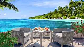 Outdoor Seaside Morning Coffee Shop Ambience with Bossa Nova Music, Ocean Wave Sounds