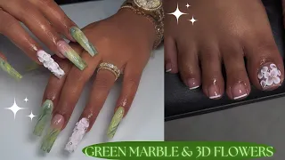 GREEN MARBLE & 3D ACRYLIC FLOWERS 💚| MATCHING SET | INSPO NAILS