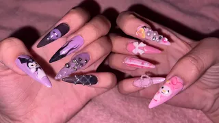 [SELF NAIL] Kuromi & My Melody Nails🖤💗 Gel Nail Extensions ASMR Nail Art