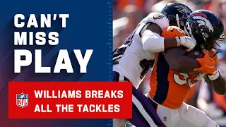 Javonte Williams with 99 Broken Tackles