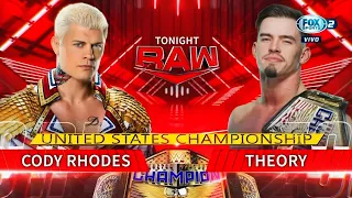 Cody Rhodes Vs Theory: Campeonato Estados Unidos - WWE Raw Español Latino: 09/05/20222