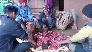 village life of Nepal/Cutting buffalo meat for marriage/beautiful mountain village lifestyle rural