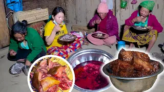 A dish made with Pork and Blood || Pork recipe with rice cooking & eating Village Style #mukbang