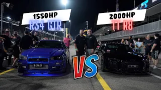 1550HP R34 GTR vs 2000HP Twin Turbo R8!!!