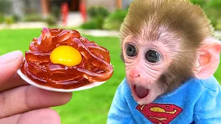 Monkey Baby Bon Bon buy black bean noodles in the supermarket and plays with the Puppy So cute