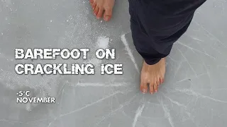 barefoot on crackling ice and snowy bridge in early winter