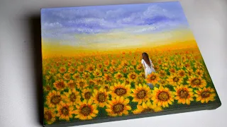 Sunflower Painting | How to paint Sunflower Field | Step by step Acrylic Painting