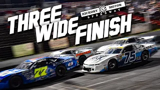 We crossed the line three wide! Week 1 of the playoffs at Hickory Motor Speedway with Landon Huffman