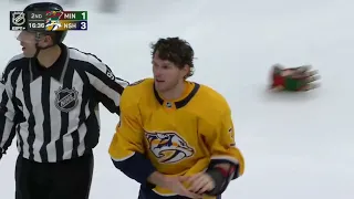 Another scrap between Minnesota Wild and Nashville Predators, Brandon Duhaime vs Jeremy Lauzon