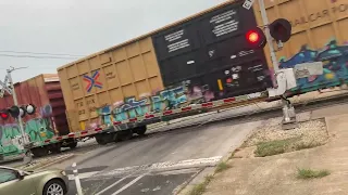 Northbound Union Pacific box car train at Stassney lane in Austin Texas plus 2 rear DPUs