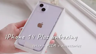 💜🦄 iPhone 14 Plus Purple Unboxing | Setup (eSIM) & Accessories