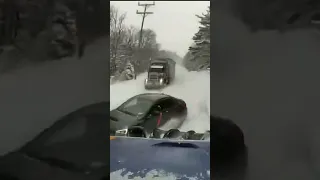 Speeding driver crashes directly into snow plow while trying to pass a semi-truck in New York