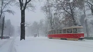 Зимний трамвай 12 в Пуще-Водице