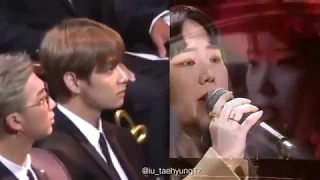 Taehyung reaction to IU (VCR drama My Ahjussi) at Culture Awards