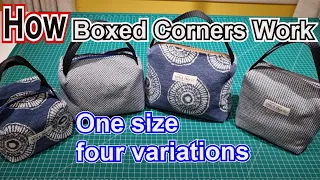 Four Boxed bag variations from one size fabric understanding corners how to sew upholstery fabric