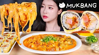 ASMR * SPICY CARBONARA PASTA TTEOKBOKKI & MOZZARELLA CHEESE SPAM EGG ROLLED GIMBAP MUKBANG