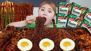 ASMR MUKBANG FRIED CHICKEN & BLACK BEAN NOODLES by HIU 하이유