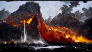 "A Wonderful lava waterfall, in a unreal volcano landscape Ultra detailed whith Dinosaurs, hyper rea