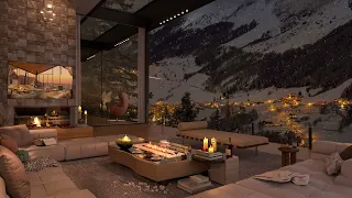 Relaxing Winter Jazz Music With Falling Snow - Cozy Winter Apartment Ambience With A Warm Fireplace